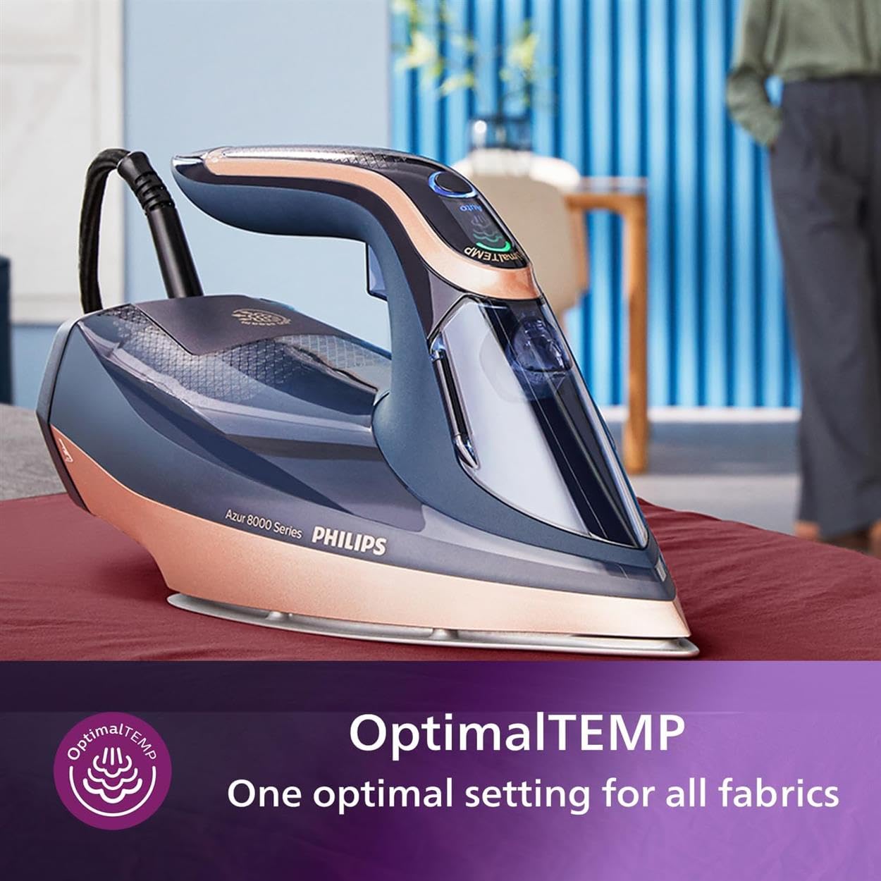 Philips Azur 8000 Series Steam Iron - 85 g/min of Continuous Steam, 260g Turbo Steam Boost, 3000 W, OptimalTEMP Technology, SteamGlide Elite Soleplate, Dark Blue (DST8050/26)