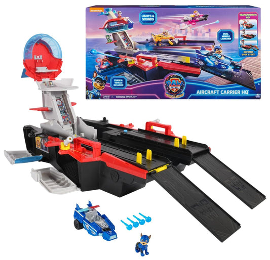 Paw Patrol: The Mighty Movie Aircraft Carrier HQ, with Chase Action Figure and Mighty Pups Cruiser, Kids’ Toys for Boys and Girls 3+