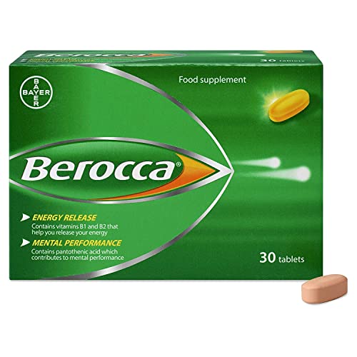 Berocca Vitamin C Film Coated Energy Tablets with Magnesium, Vitamin B12 and Vitamin B Complex, 1 Pack of 30 Tablets - 1 Months Supply