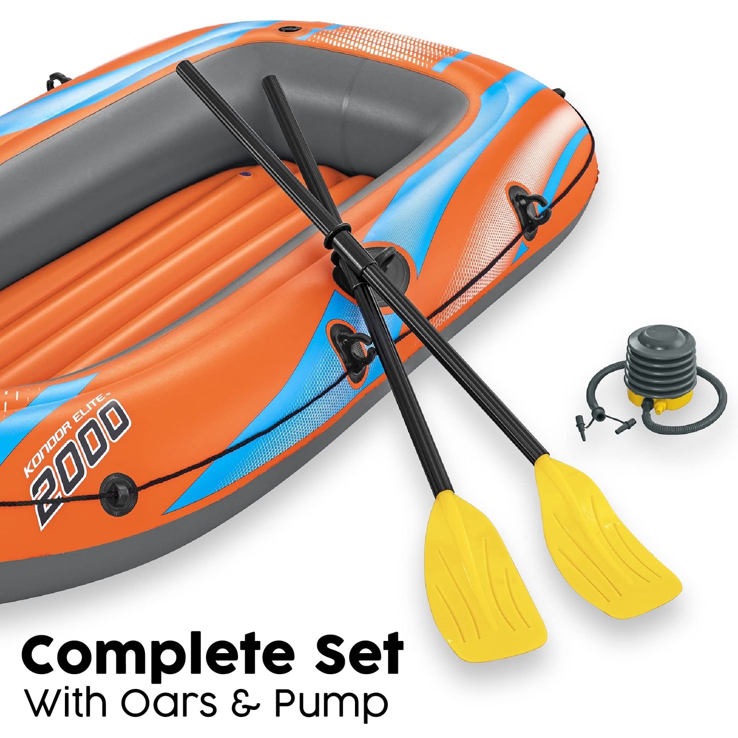 Bestway Inflatable Boat, Kondor 2000, 2 Person, Raft Set with Oar and Pump, Heavy Duty Handles and Interlocking Valves, 6.5” x 42”, 1.96m x 1.06m