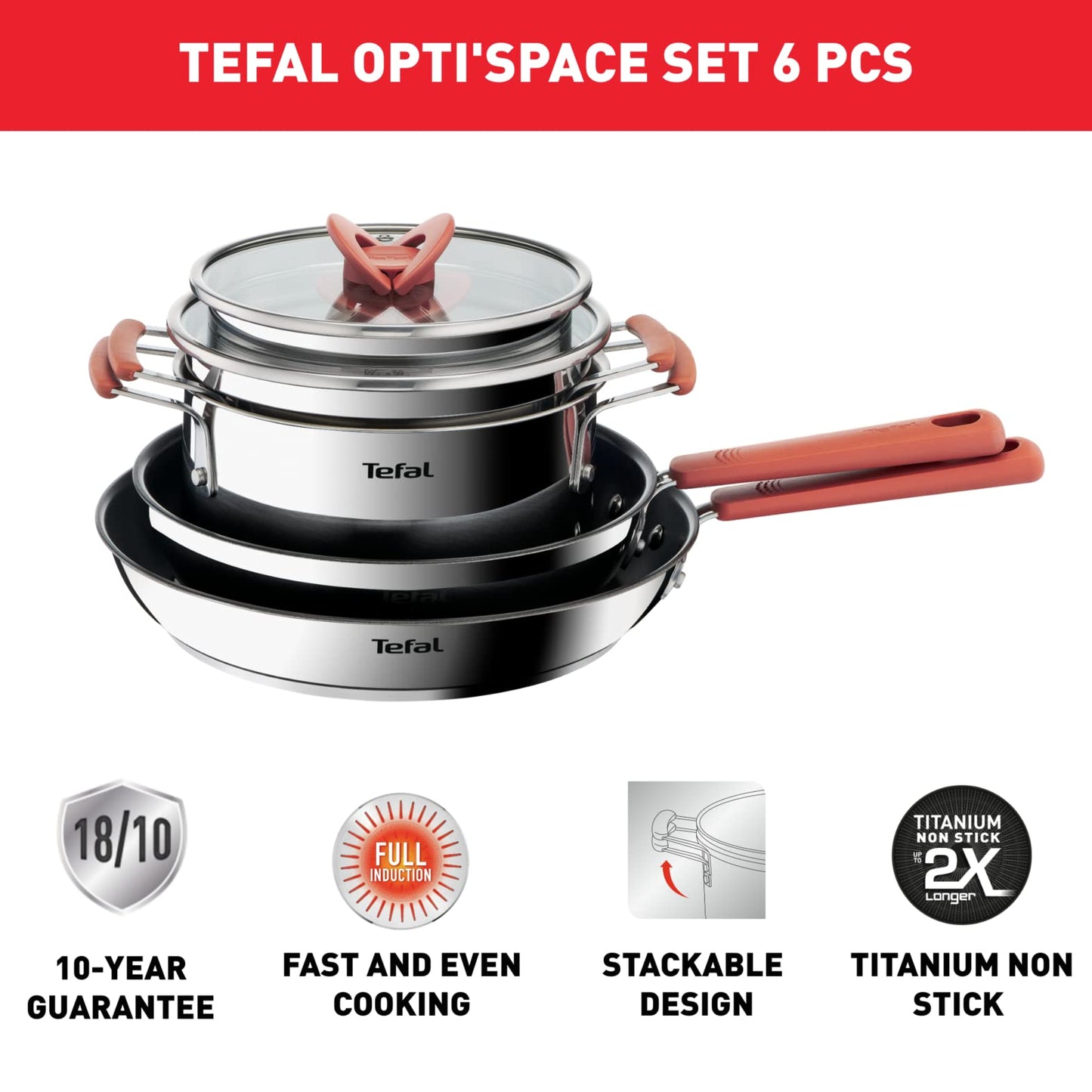Tefal Opti'space Stainless Steel 6 Piece pots & Pans Set stewpots 18/20cm +lids Frying Pans 24/28cm, All hobs Compatible Including Induction, G720S604