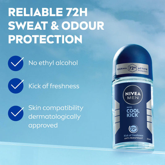 NIVEA Men Cool Kick Anti-Perspirant Deodorant Roll-On (6 x 50ml), Cooling Roll On Deodorant for Men, 72H Active Anti-Sweat and Odour Protection