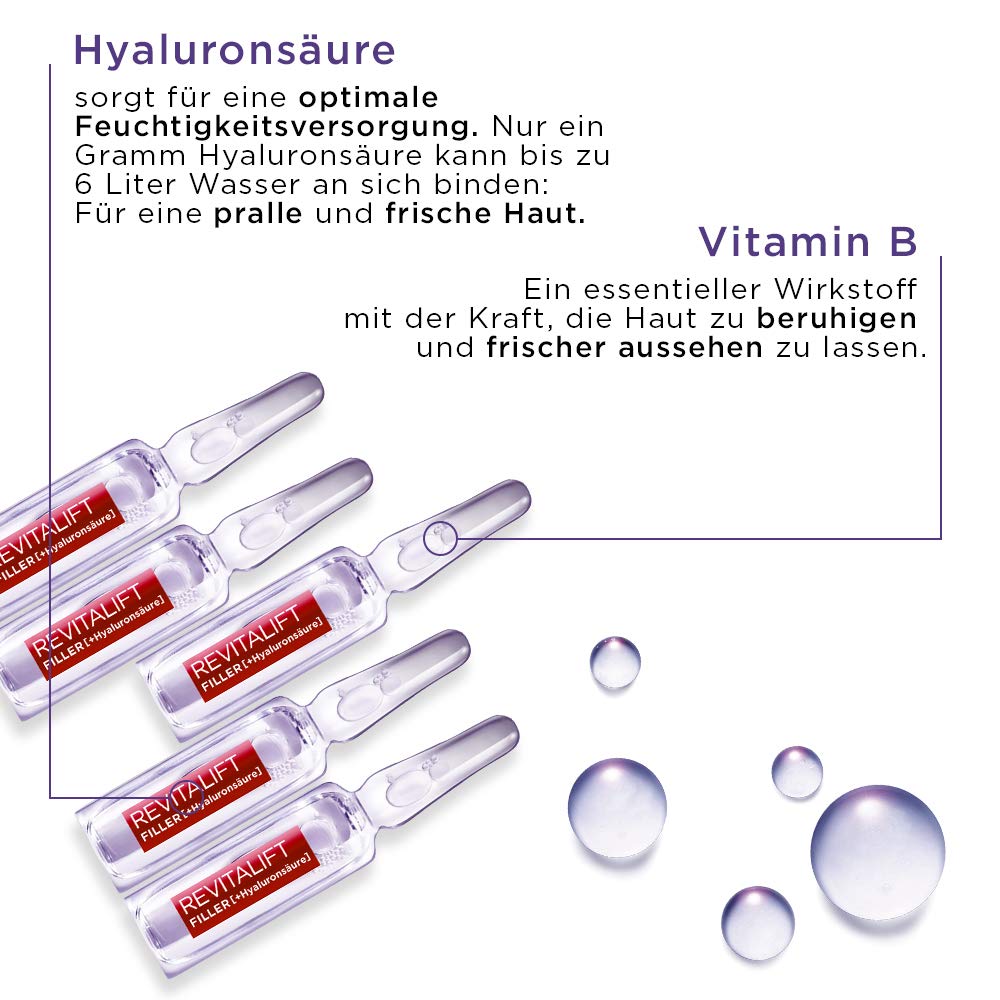 L'Oréal Paris Hyaluronic Ampoules, Revitalift Filler, Anti-Ageing Face Care, 7-Day Treatment, with Hyaluronic Acid, 7 x 1.3 ml
