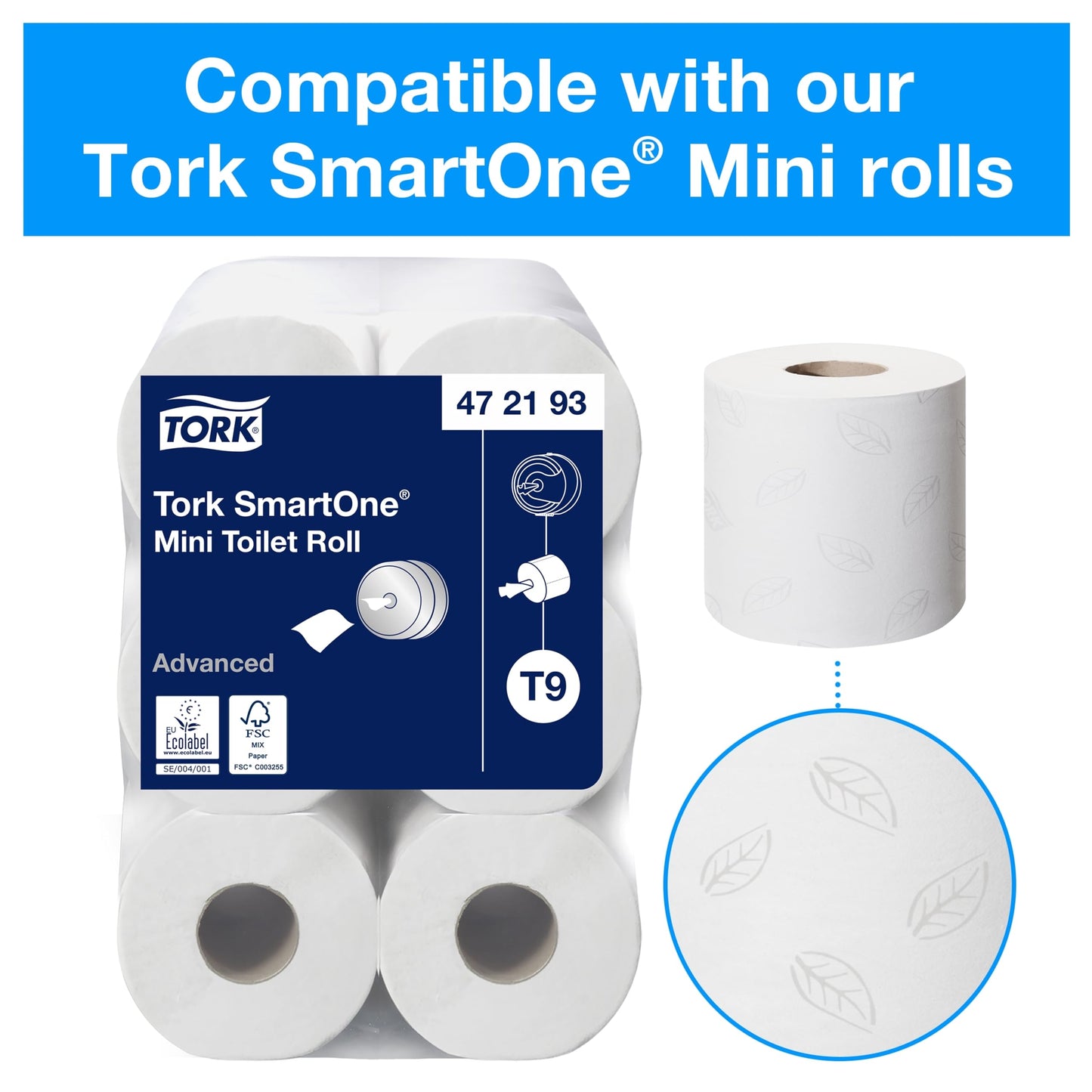 Tork SmartOne Mini Toilet Paper Roll Wall Mounted Dispenser White T9, Elevation Range, 681000