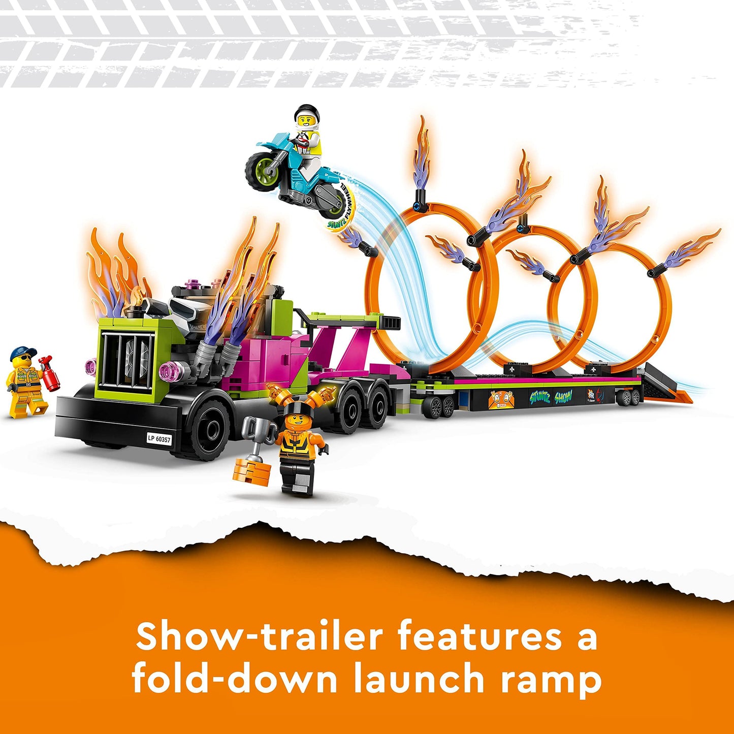 Lego 60357 City Stuntz Stunttruck mit Feuerreifen-Challenge, mit schwungradbetriebenem Motorradspielzeug und Minifiguren, lustiges Geschenk für Kinder ab 6 Jahren, 2023 Set