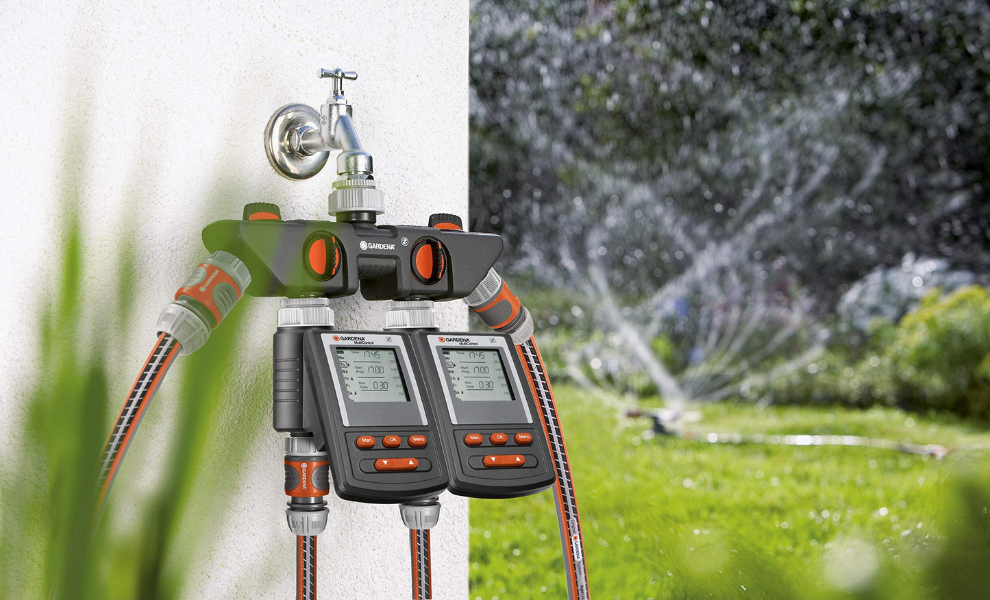 Gardena 2-Wege-Verteiler: Anschlussmöglichkeit für 2 Geräte an den Wasserhahn, passend zu Gardena Bewässerungscomputern & -uhren, Wasserdurchfluss regulier- und absperrbar (8193-20)