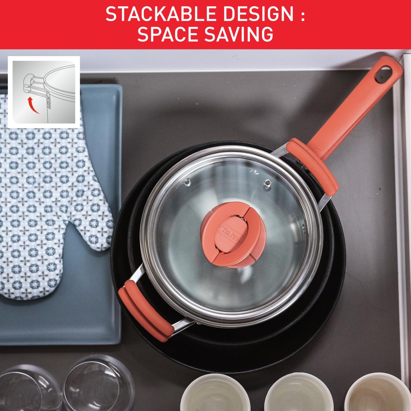 Tefal Opti'space Stainless Steel 6 Piece pots & Pans Set stewpots 18/20cm +lids Frying Pans 24/28cm, All hobs Compatible Including Induction, G720S604