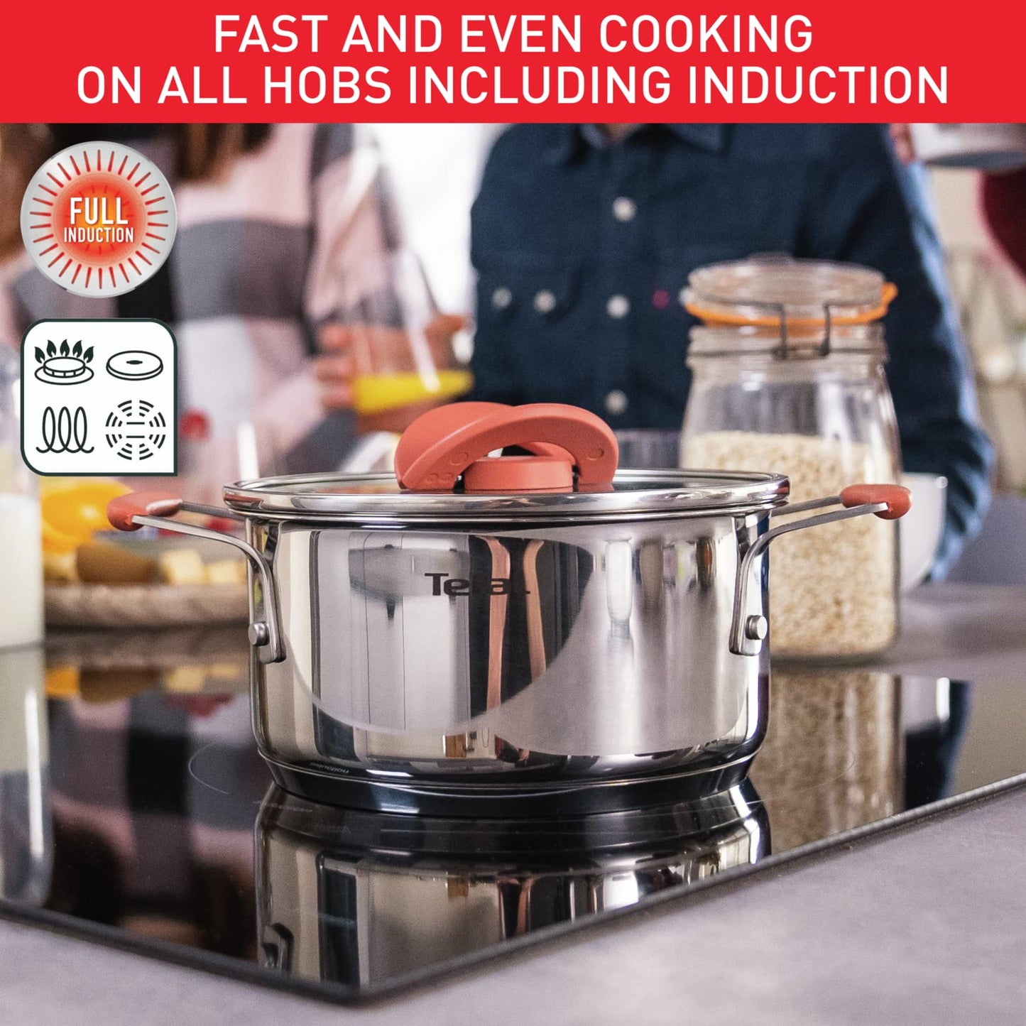 Tefal Opti'space Stainless Steel 6 Piece pots & Pans Set stewpots 18/20cm +lids Frying Pans 24/28cm, All hobs Compatible Including Induction, G720S604