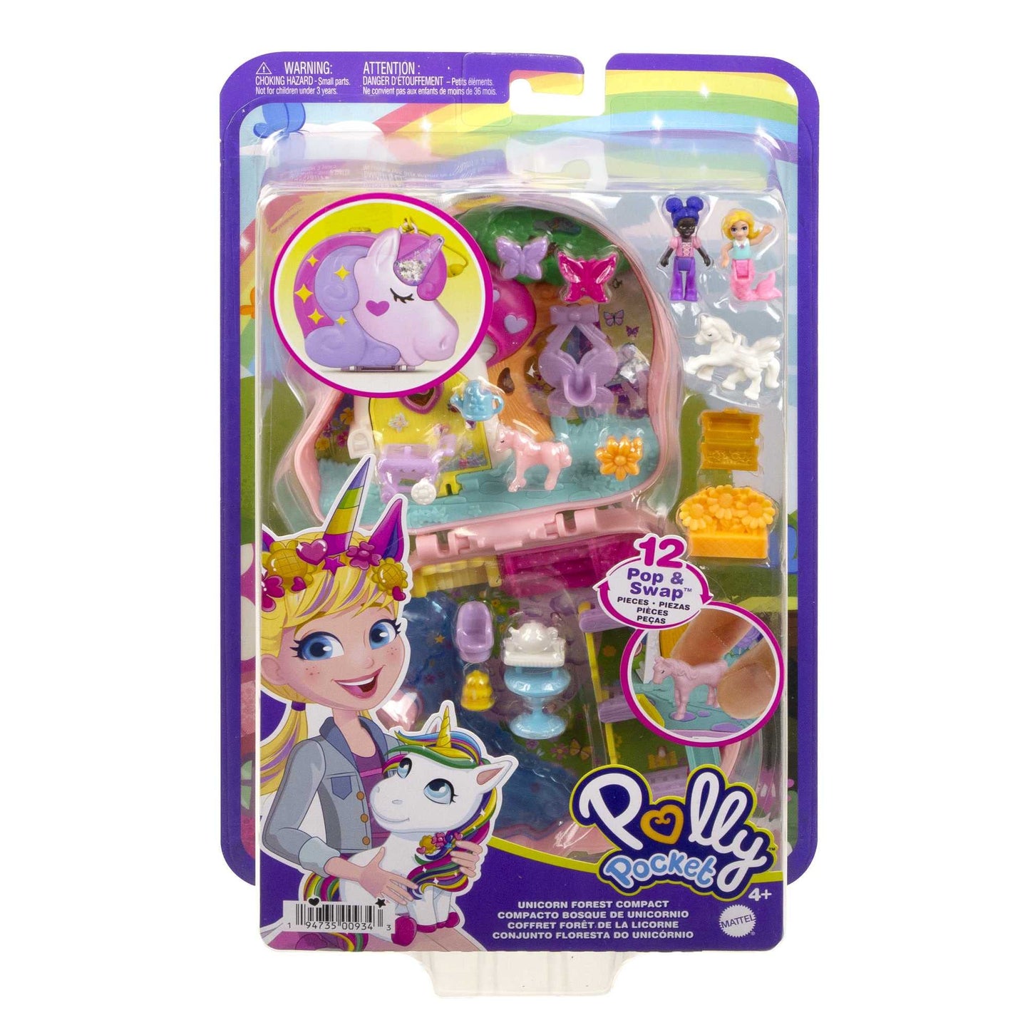 Polly Pocket Unicorn Forest Compact Tea Party-Themed Playset with Glitter Horn, 2 Micro Dolls & 13 Accessories, Toy Gift for Ages 4 Years Old & Up