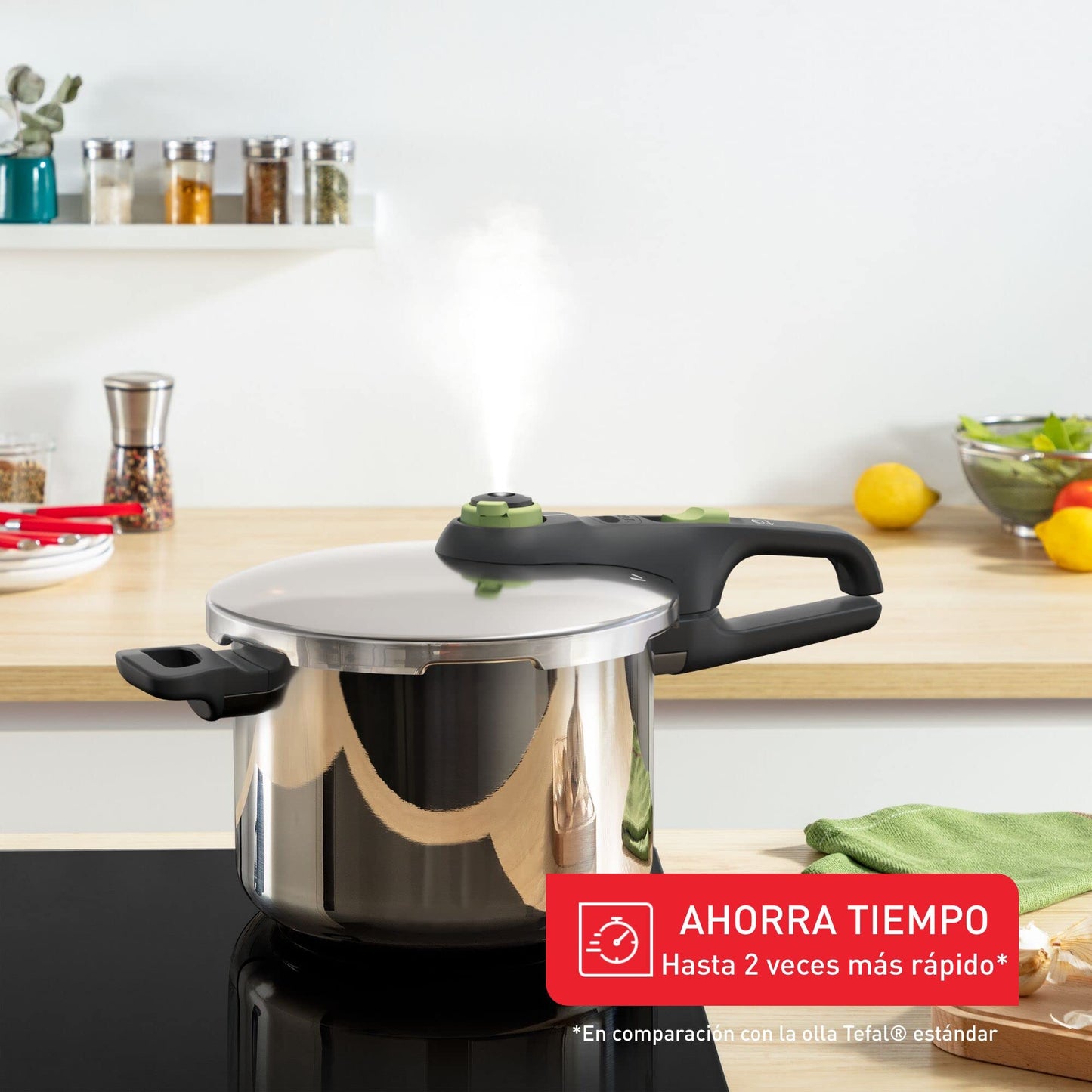 Tefal Secure Trendy Pressure Cooker | 2-Level Cooking Regulator: Intensive Level 117 °C, Gentle Level 112 °C | Induction Capsule Base | For All Hobs | Short Handle | Stainless Steel/Black/Green