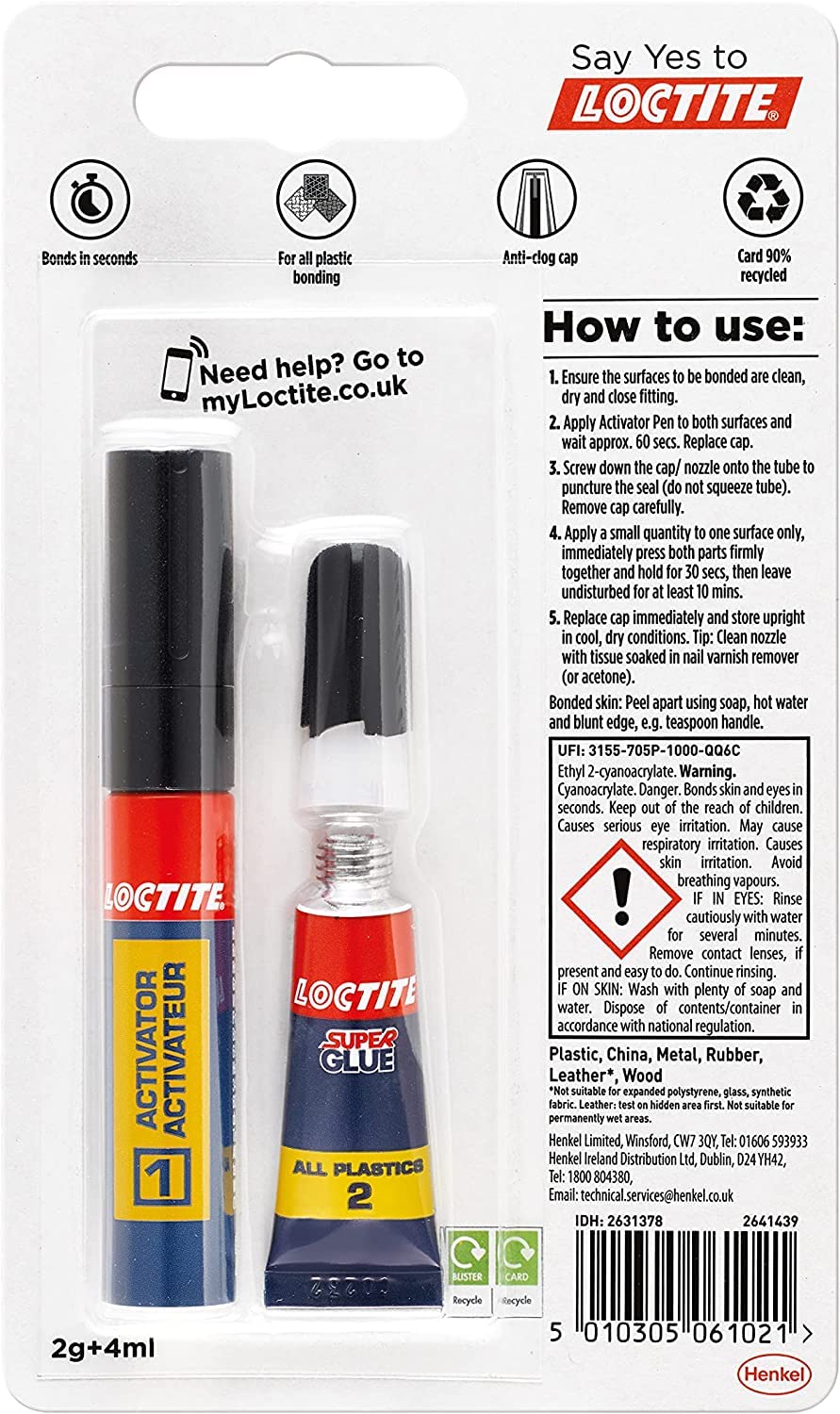 Loctite Super Glue All Plastics, Strong Plastic Glue, Easy to Use Instant Super Glue, Convenient Size 1x2g + 4ml