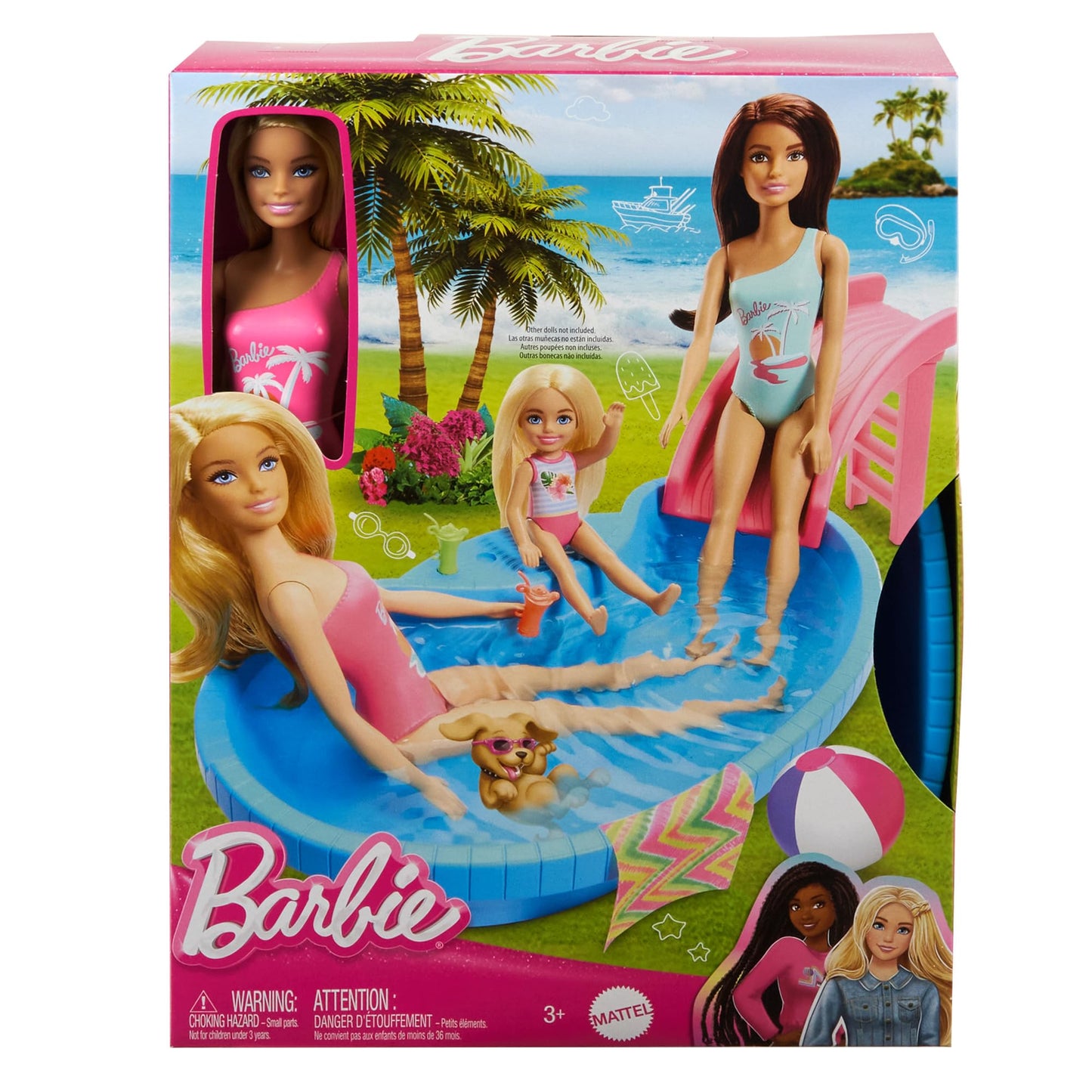 Barbie Doll and Pool Playset, Blonde in Tropical Pink One-Piece Swimsuit with Pool, Slide, Towel and Drink Accessories, HRJ74