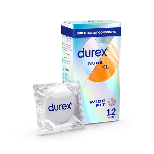 Durex Nude, Condoms, Wide Fit, 12s, Ultra Thin, Designed to Feel It All, with Silicone Lube