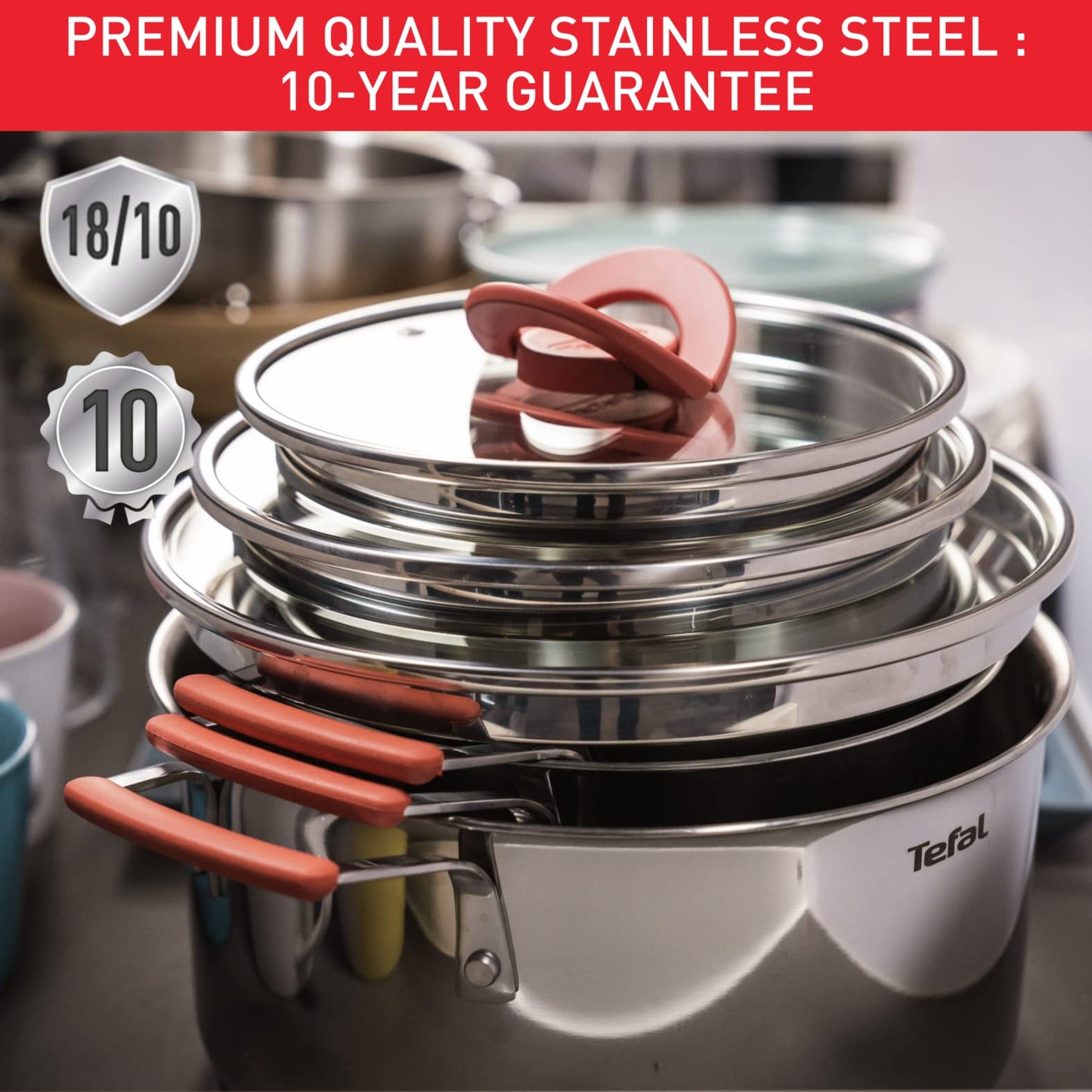 Tefal Opti'space Stainless Steel 6 Piece pots & Pans Set stewpots 18/20cm +lids Frying Pans 24/28cm, All hobs Compatible Including Induction, G720S604