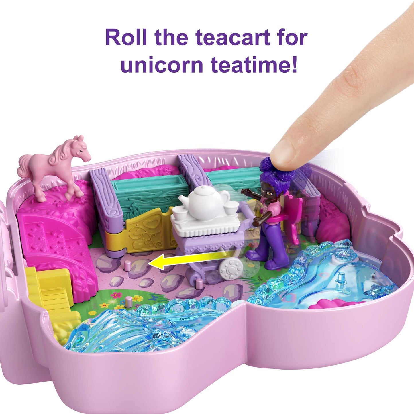 Polly Pocket Unicorn Forest Compact Tea Party-Themed Playset with Glitter Horn, 2 Micro Dolls & 13 Accessories, Toy Gift for Ages 4 Years Old & Up