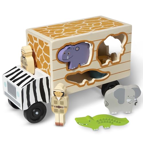 Melissa & Doug Wooden Shape Sorter Rescue Truck with Zoo & Safari Animals Toys for Kids | Wooden Puzzles for 2+ Year Olds | Montessori Toddler Wooden Animal Toys | Toddler Puzzles, Black