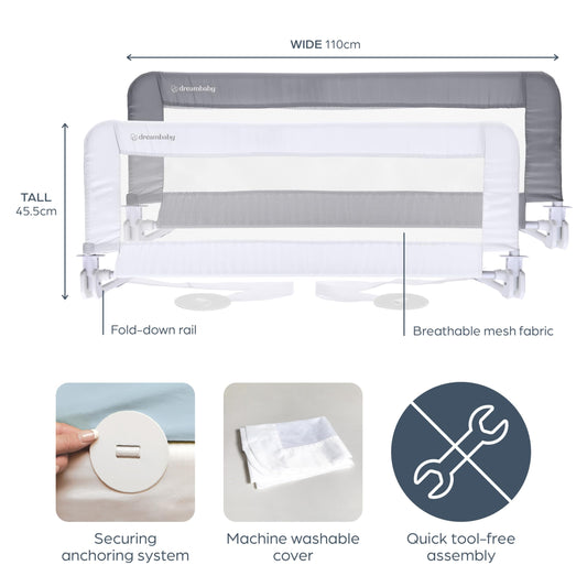 Dreambaby Phoenix Toddler Bed Rail - Foldable & Portable Bed Safety Barrier - Suitable for Flat Bed Bases Up to King Size Mattress - Measures 110cm Wide x 45.5cm Tall - White - Model F719