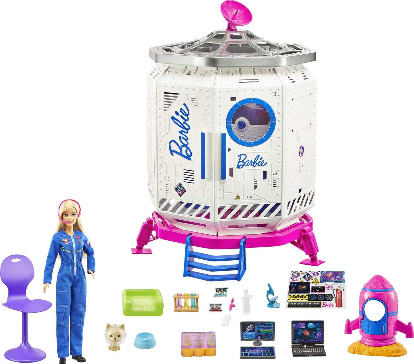 Barbie Space Discovery Space Station Playset with Space Explorer Doll, Puppy, Workstation, Satellite Space Scenes & 20 Space Station Items:Chair, Test Tubes, Microscope, Puppy Bed, 3-7Years Old