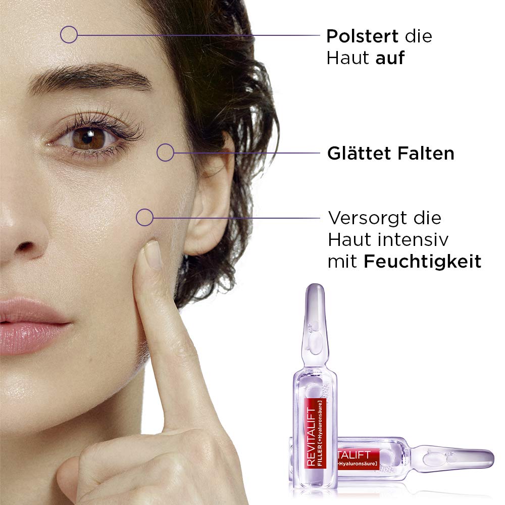 L'Oréal Paris Hyaluronic Ampoules, Revitalift Filler, Anti-Ageing Face Care, 7-Day Treatment, with Hyaluronic Acid, 7 x 1.3 ml