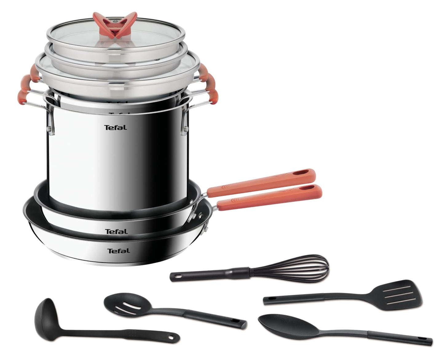 Tefal Opti'space Stainless Steel 6 Piece pots & Pans Set stewpots 18/20cm +lids Frying Pans 24/28cm, All hobs Compatible Including Induction, G720S604