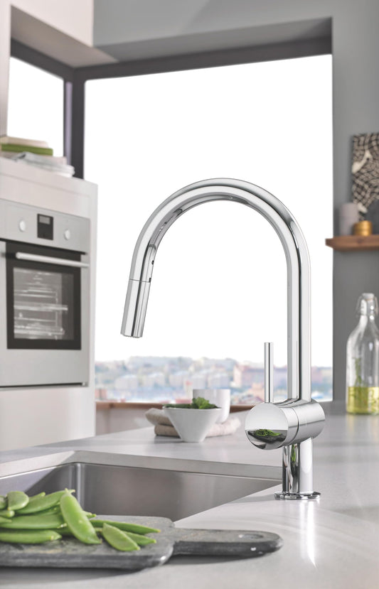GROHE Minta – Kitchen Sink Mixer Tap (High C-Spout, 360° Swivel Spout, 46 mm Ceramic Cartridge, Monobloc Easy Installation, Tails 3/8 Inch)