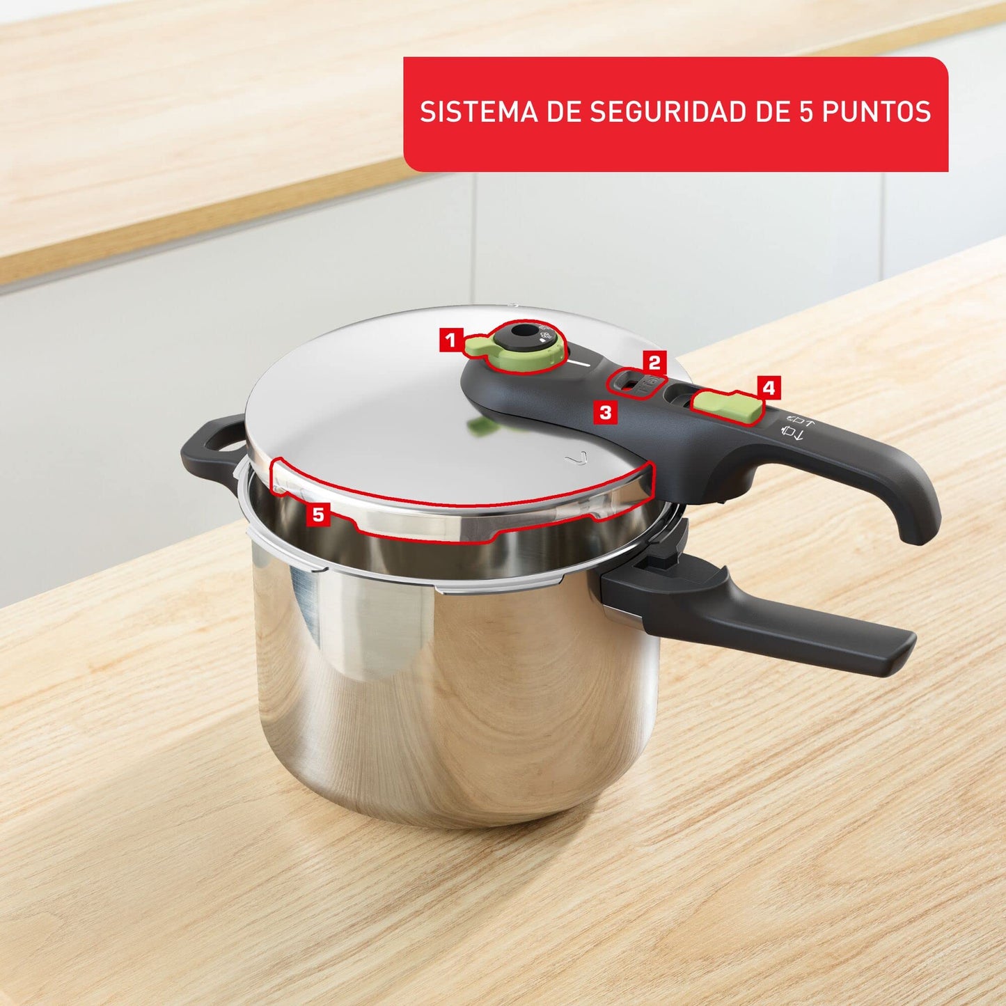 Tefal Secure Trendy Pressure Cooker | 2-Level Cooking Regulator: Intensive Level 117 °C, Gentle Level 112 °C | Induction Capsule Base | For All Hobs | Short Handle | Stainless Steel/Black/Green