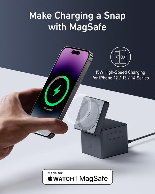 Anker 3-in-1 Cube Compatible with MagSafe - 15W Fast Charging, Foldable Wireless Charge Station for Apple Watch, iPhone 15/14/13, and AirPods Pro (Charger and Interchangeable Plugs Included)
