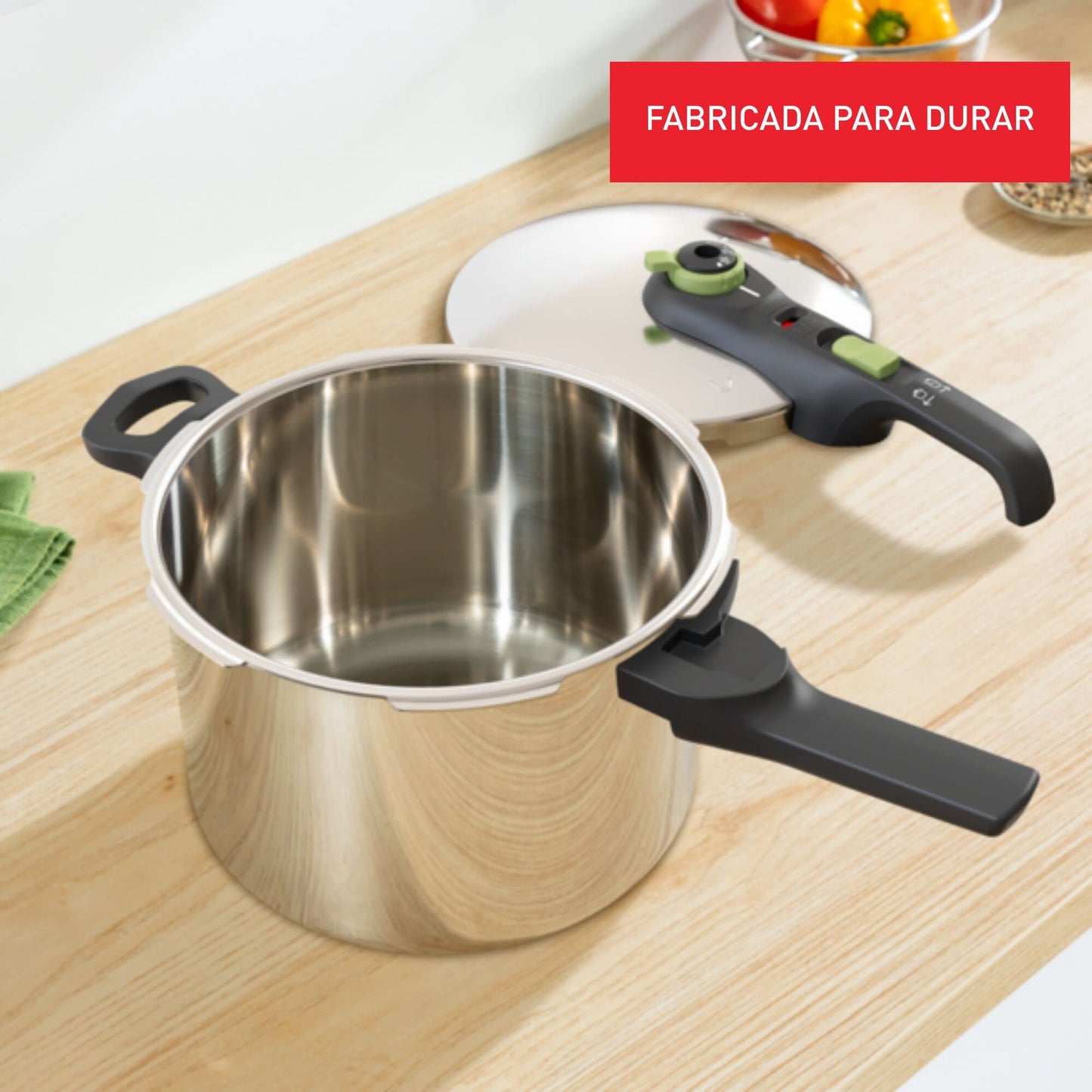 Tefal Secure Trendy Pressure Cooker | 2-Level Cooking Regulator: Intensive Level 117 °C, Gentle Level 112 °C | Induction Capsule Base | For All Hobs | Short Handle | Stainless Steel/Black/Green