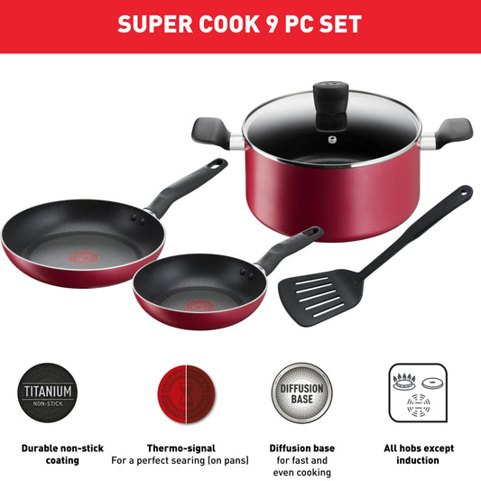 Tefal Set of 5 Frying Pans 20/24 cm + 24 cm Saucepan + Lid + Spatula, No Induction, Non-Stick Coating, Thermo-Signal Heat Indicator, Ergonomic Handle, Super Cook B460S584