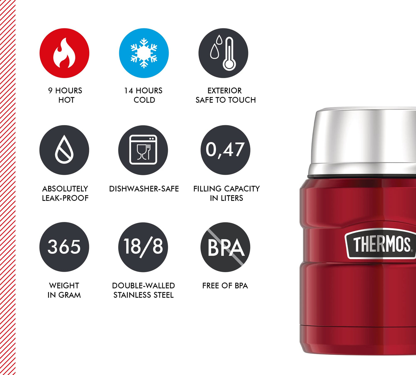 Thermos Stainless King Food Container, 0.47 Litres, Stainless Steel, 9.3 x 9.3 x 14.2 cm