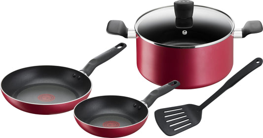 Tefal Set of 5 Frying Pans 20/24 cm + 24 cm Saucepan + Lid + Spatula, No Induction, Non-Stick Coating, Thermo-Signal Heat Indicator, Ergonomic Handle, Super Cook B460S584