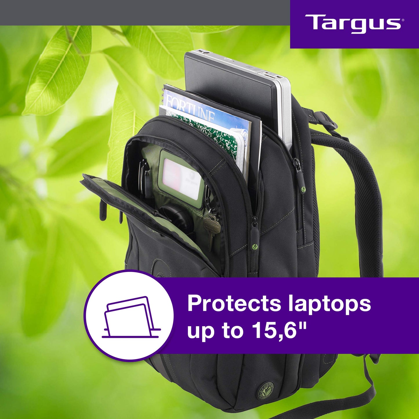 Targus 15.6" Spruce EcoSmart Checkpoint Friendly Backpack, Made From Recycled Bottles, Durable, TSA Friendly, 27L (TBB013US)