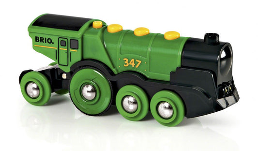 Brio World - Kraftvolle rote Lokomotive batteriebetrieben - Elektrischer Zug mit Sound und Licht - für Holzzugbahn
