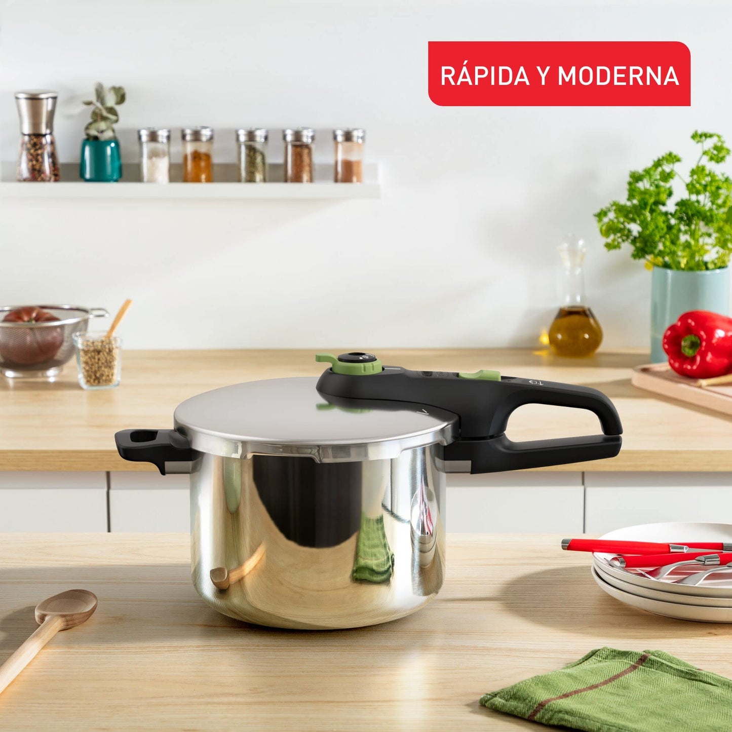 Tefal Secure Trendy Pressure Cooker | 2-Level Cooking Regulator: Intensive Level 117 °C, Gentle Level 112 °C | Induction Capsule Base | For All Hobs | Short Handle | Stainless Steel/Black/Green