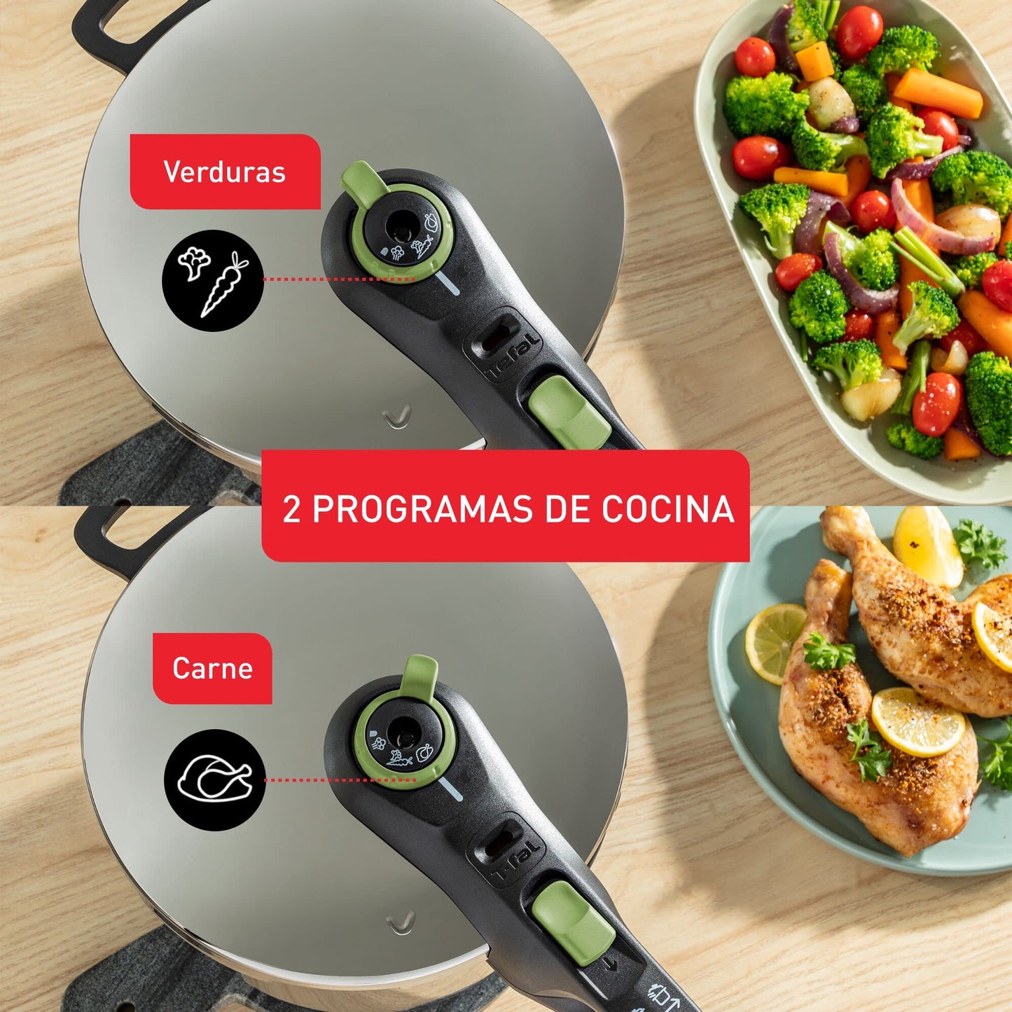 Tefal Secure Trendy Pressure Cooker | 2-Level Cooking Regulator: Intensive Level 117 °C, Gentle Level 112 °C | Induction Capsule Base | For All Hobs | Short Handle | Stainless Steel/Black/Green
