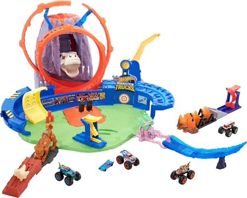 Hot Wheels Monster Trucks T-Rex Volcano Arena Playset with Lights & Sounds, Includes 2 Launchers, 1 Monster Truck & 1 Car, Gift for Kids Ages 3 Years & Older