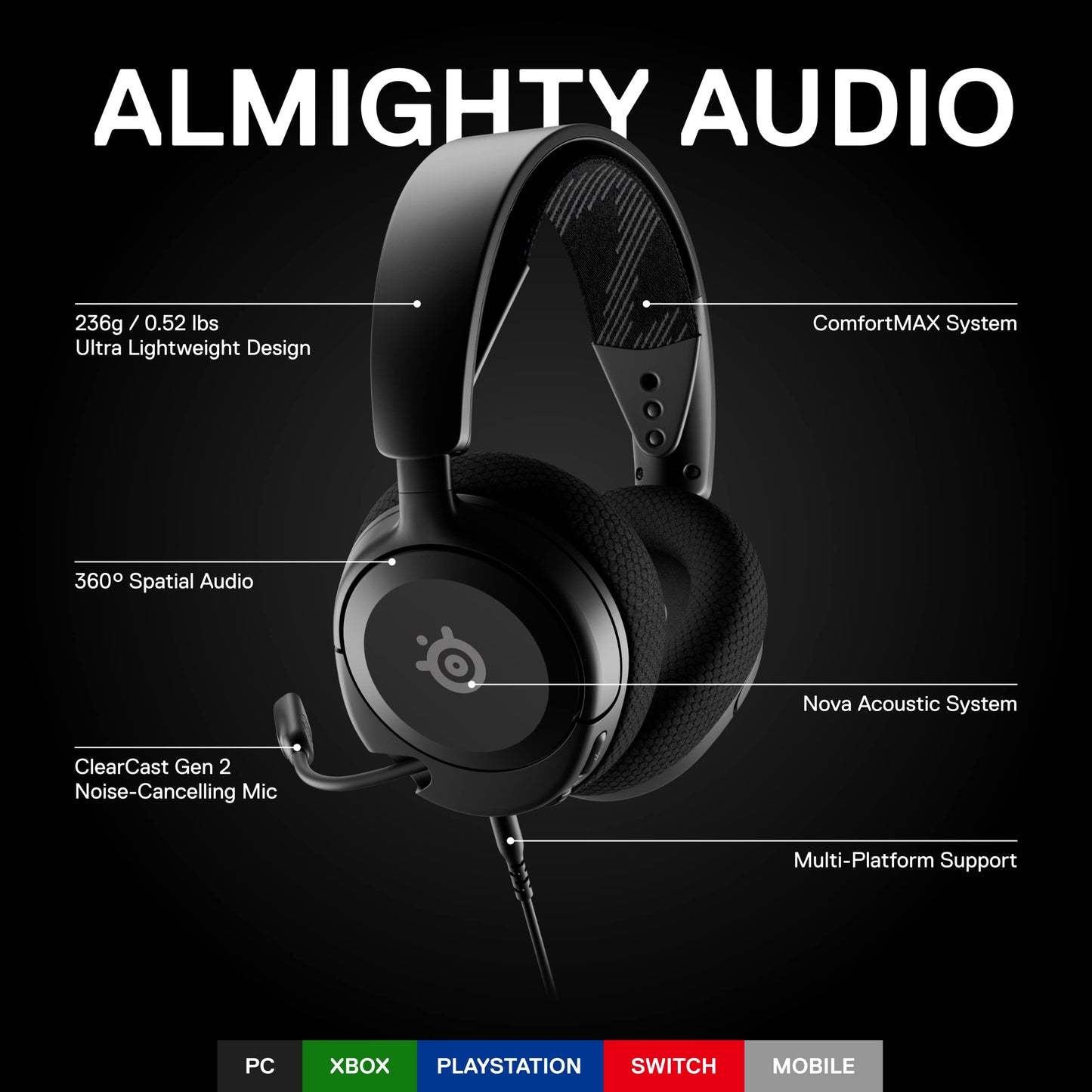 SteelSeries Arctis Nova 1 - Gaming Headset for PC, PS5, PS4, Switch, Xbox - Hi-Fi Drivers - 360° Spatial Audio - AirWeave Memory Foam Ear Cushions - Ultra Lightweight