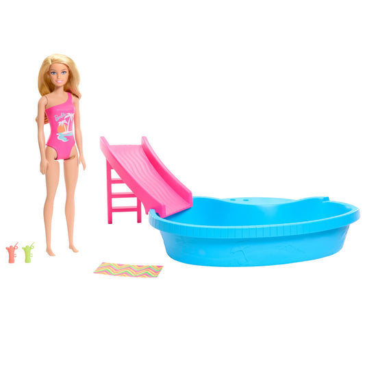 Barbie Doll and Pool Playset, Blonde in Tropical Pink One-Piece Swimsuit with Pool, Slide, Towel and Drink Accessories, HRJ74