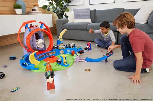Hot Wheels Monster Trucks T-Rex Volcano Arena Playset with Lights & Sounds, Includes 2 Launchers, 1 Monster Truck & 1 Car, Gift for Kids Ages 3 Years & Older