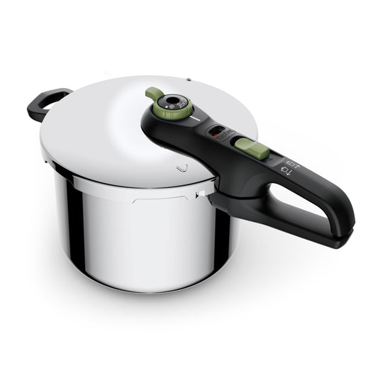 Tefal Secure Trendy Pressure Cooker | 2-Level Cooking Regulator: Intensive Level 117 °C, Gentle Level 112 °C | Induction Capsule Base | For All Hobs | Short Handle | Stainless Steel/Black/Green