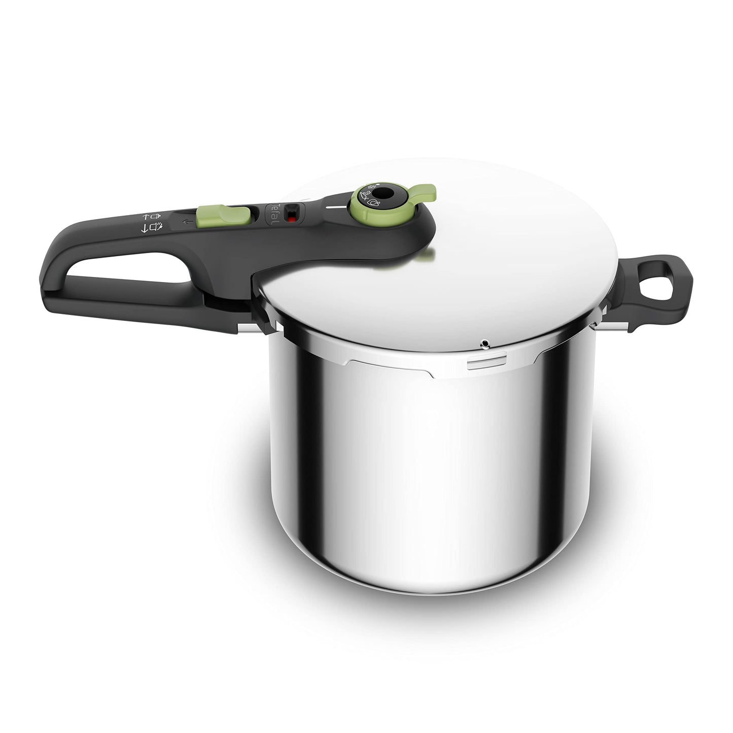 Tefal Secure Trendy Pressure Cooker | 2-Level Cooking Regulator: Intensive Level 117 °C, Gentle Level 112 °C | Induction Capsule Base | For All Hobs | Short Handle | Stainless Steel/Black/Green