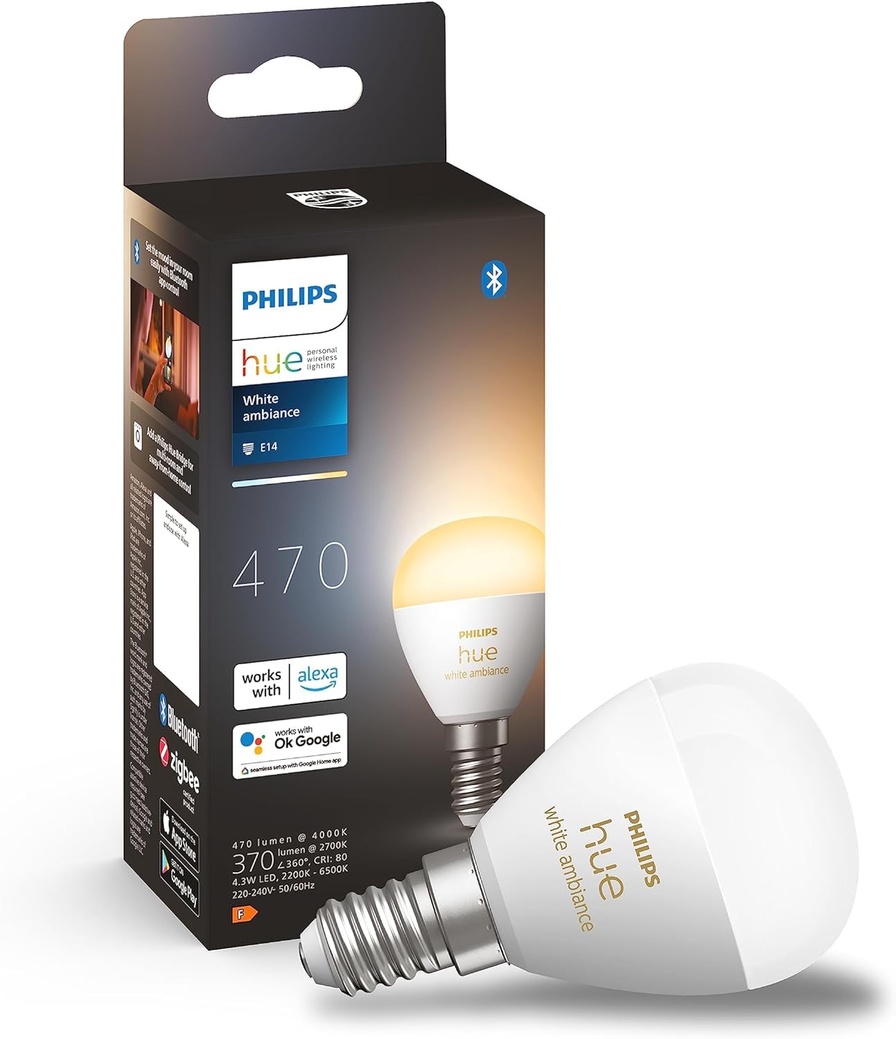 Philips Hue White Ambiance Smart Light Bulb [E14 Small Edison Screw] with Bluetooth.