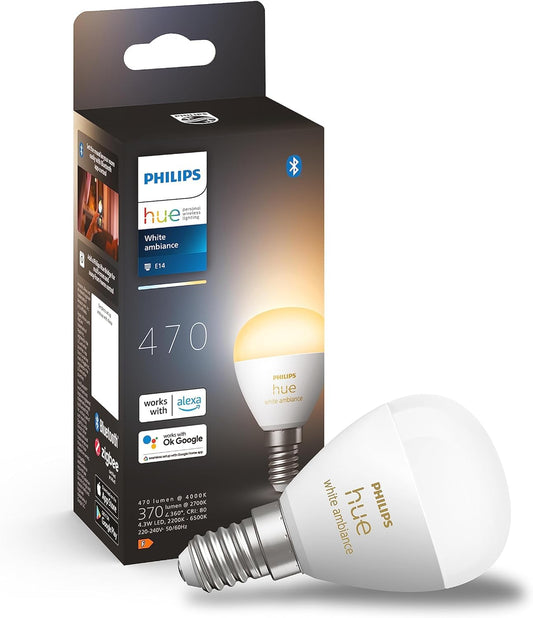 Philips Hue White Ambiance Smart Light Bulb [E14 Small Edison Screw] with Bluetooth.