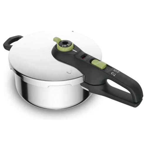 Tefal Secure Trendy Pressure Cooker | 2-Level Cooking Regulator: Intensive Level 117 °C, Gentle Level 112 °C | Induction Capsule Base | For All Hobs | Short Handle | Stainless Steel/Black/Green