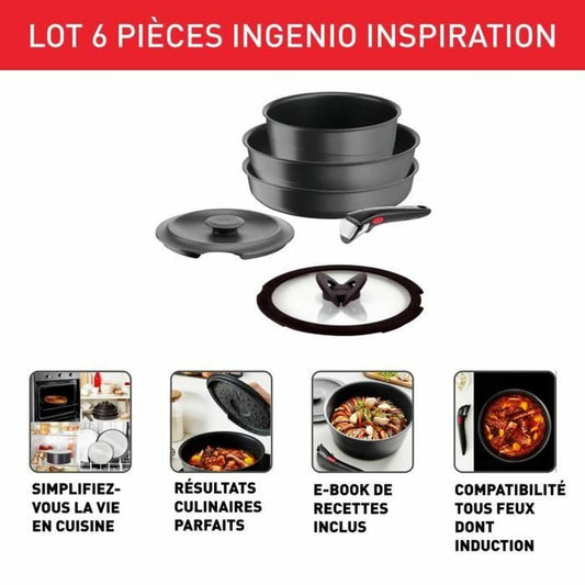 Tefal Ingenio Set of 6 Induction, Cast Aluminium, Frying Pan, Wok + Glass Lid, Casserole + Cast Iron Lid, Removable Handle, Dishwasher Safe, Inspiration L867S604