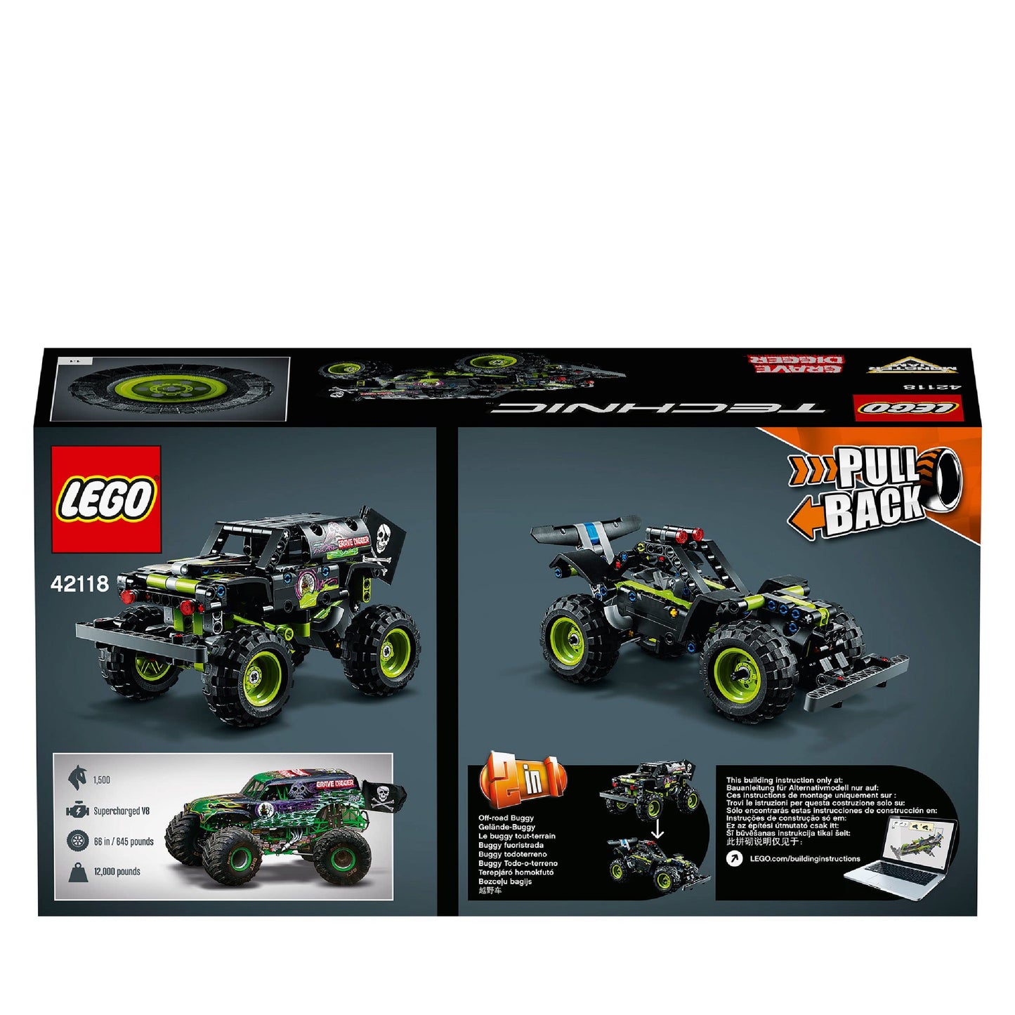 LEGO 42118 Technic Monster Jam Grave Digger Truck Toy to Off-Road Buggy Pull Back 2 in 1 Building Set, For Kids 7+ Years Old
