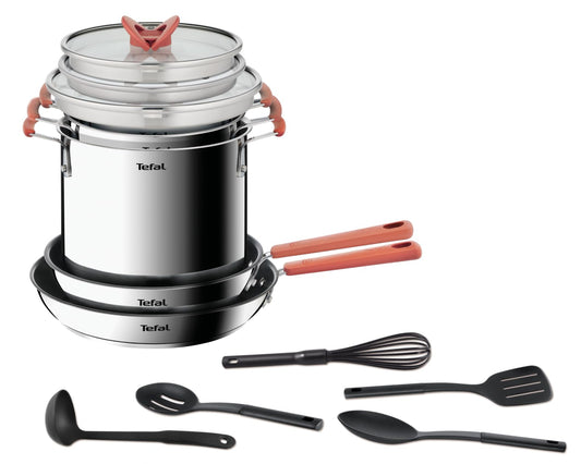 Tefal Opti'space Stainless Steel 6 Piece pots & Pans Set stewpots 18/20cm +lids Frying Pans 24/28cm, All hobs Compatible Including Induction, G720S604